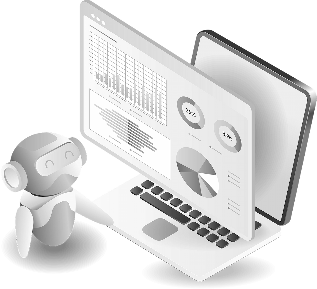 AI robot with laptop dashboards illustration