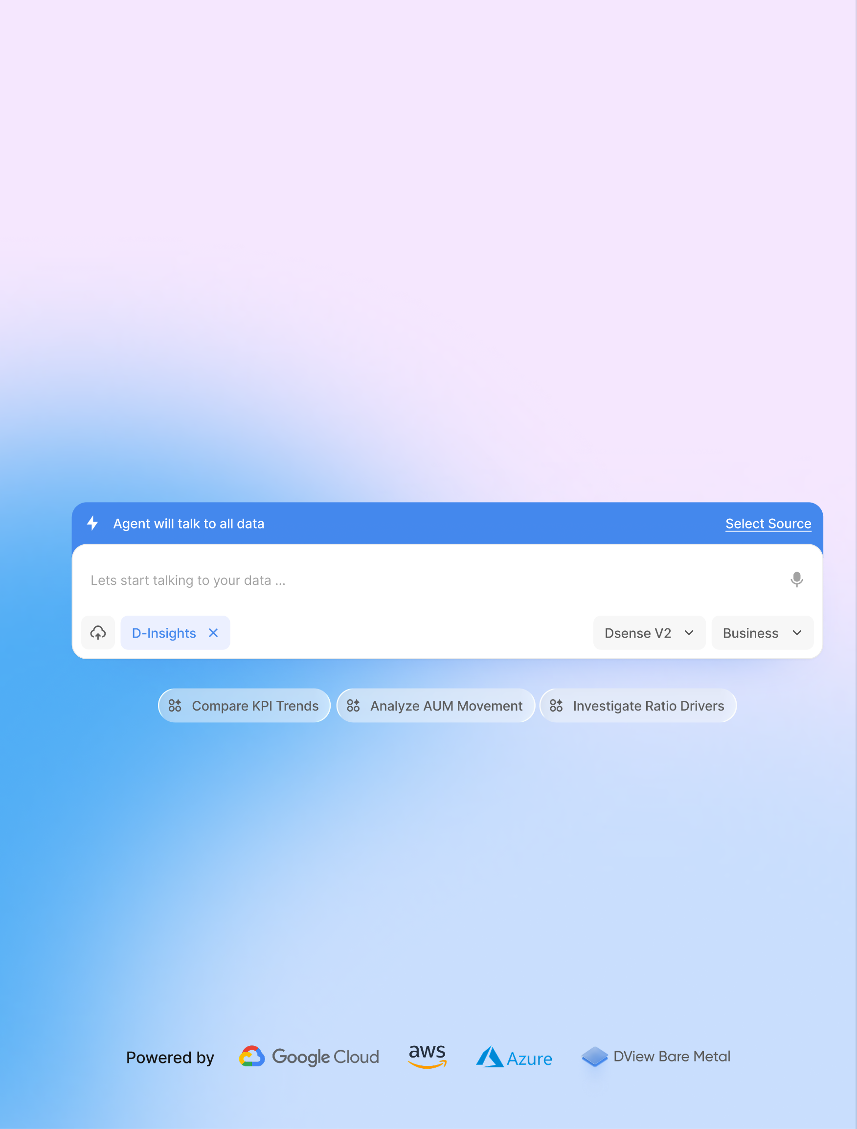 Dview AI-powered data platform interface showing chat assistant and analytics dashboard