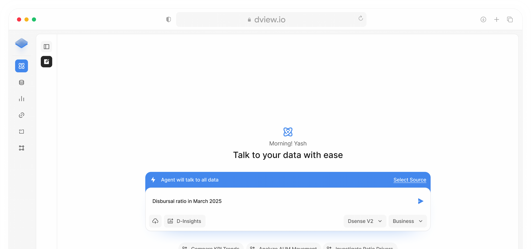 Dview platform interface showing conversational AI and data analytics